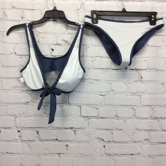 Cupshe Deep Love Tie Front Bikini Women's Size M Slate Blue Ribbed Beachy Sexy - Picture 10 of 12